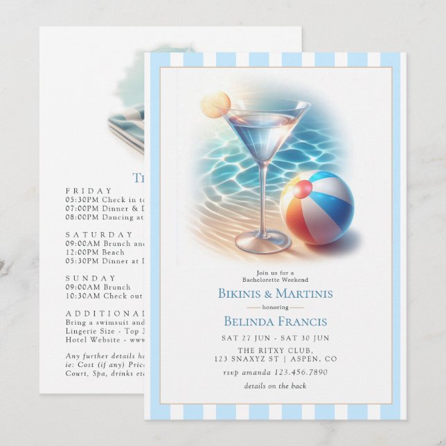 Bikinis and Martinis Bachelorette Weekend Invitation (Front/Back)