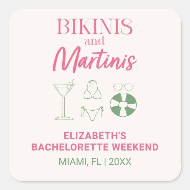 Bikinis and Martinis Bachelorette Weekend Party Square Sticker (Front)