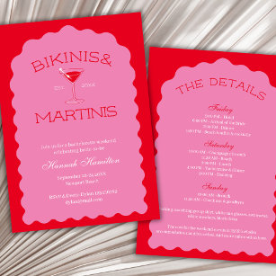 Bikinis And Martinis Bold Pink & Red Bachelorette Invitation