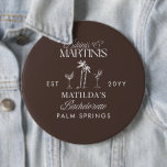 Bikinis and martinis Elegant vintage bachelorette 6 Cm Round Badge<br><div class="desc">Add a chic, cocktail-party touch to your bachelorette weekend outfits with this personalized “Bikinis & Martinis” button badge. Inspired by Palm Springs glamour, this elegant design features refined typography, palm trees, and martini illustrations on a rich cocoa brown background — perfect for modern brides and destination celebrations. Customize with the...</div>