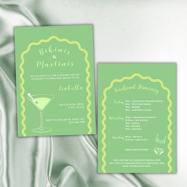 Bikinis And Martinis Green Bachelorette Weekend  Invitation (bikinis and martinis bachelorette party invitation yellow and green weekend itinerary)