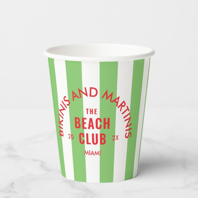 Bikinis And Martinis The Beach Club Green Stripe  Paper Cups (Back)