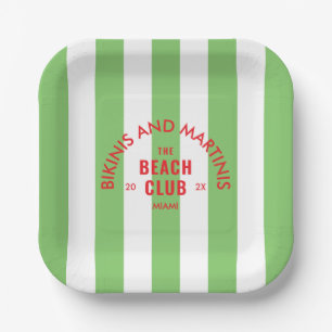 Bikinis And Martinis The Beach Club Green Stripe Paper Plate