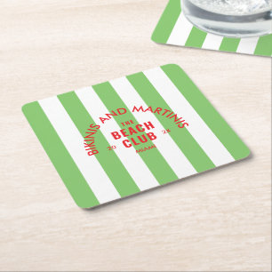 Bikinis And Martinis The Beach Club Green Stripe Square Paper Coaster