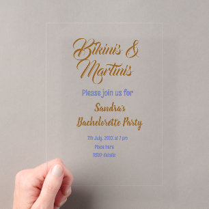 bikinis & martinis bachelorette party name brown acrylic invitations