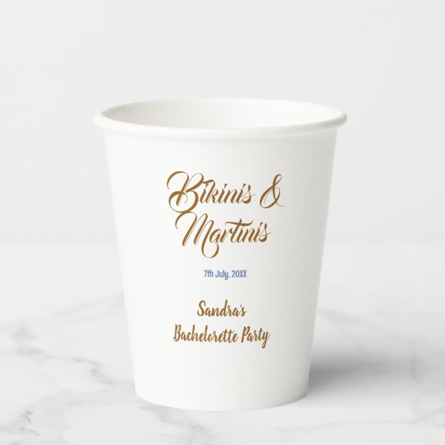 bikinis & martinis bachelorette party name brown  paper cups (Front)