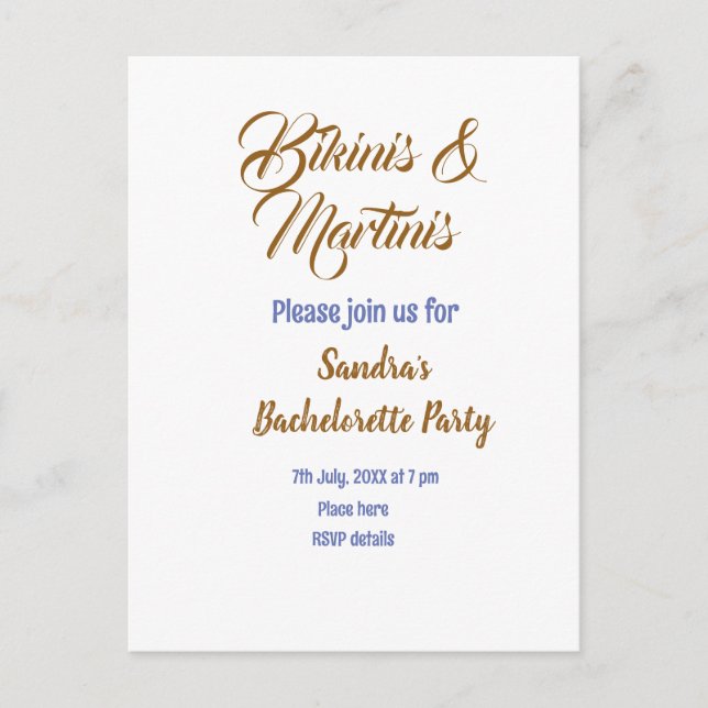 bikinis & martinis bachelorette party name brown  postcard (Front)