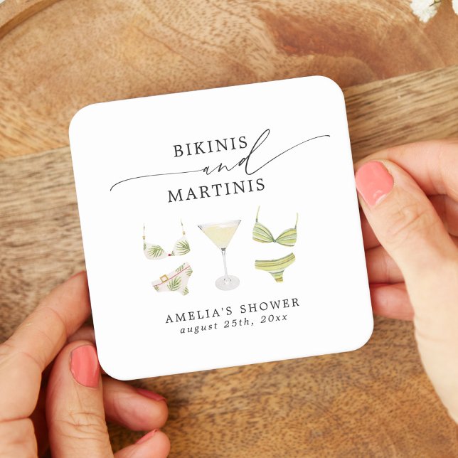 Bikinis & Martinis Bridal Shower Bachelorette Square Paper Coaster (Creator Uploaded)
