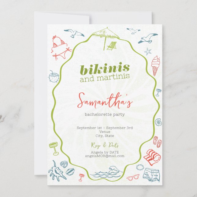 Bikinis & Martinis Hand Drawn Beach Bachelorette Invitation (Front)