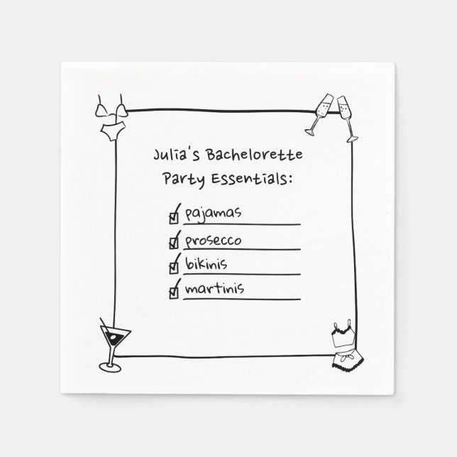 Bikinis, Martinis, Pyjamas, Prosecco Bachelorette  Napkin (Front)