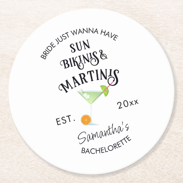 Bikinis & Martinis Tropical Pool Hen Bachelorette Round Paper Coaster (Front)
