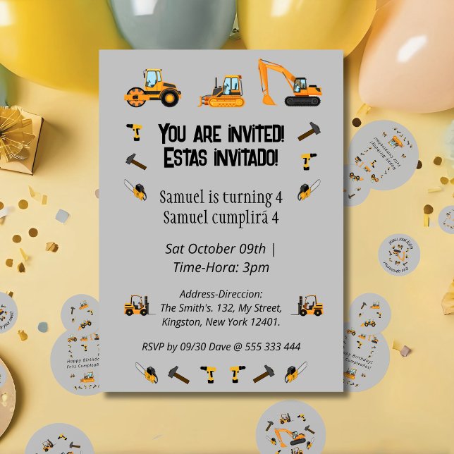 Bilingual Birthday Party Construction Themed Invitation (Gray Bilingual birthday party invitation, construction themed, custom Spanish text. Multilingual )