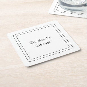 Bilingual Black & White Spanish Bendecido Blessed  Square Paper Coaster