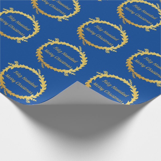 Bilingual Blue Golden Feliz Navidad Christmas Wrapping Paper (Corner)