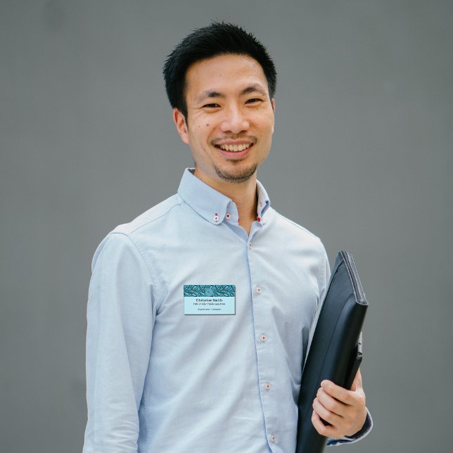 Bilingual Blue Turquoise Leaves Pattern Name Tag (Blue leaves Name Badge Bilingual, Spanish, small busines supplies. Multilingual project)