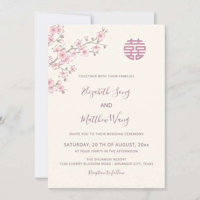 BILINGUAL  Blush Cherry Blossom Chinese Wedding Invitation (Front)