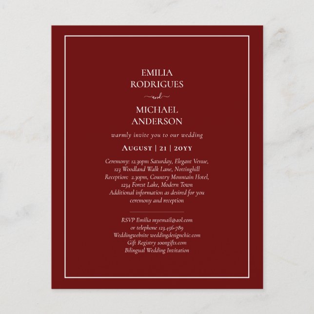 Bilingual Budget Burgundy Wedding Boda Invite Flyer (Front)
