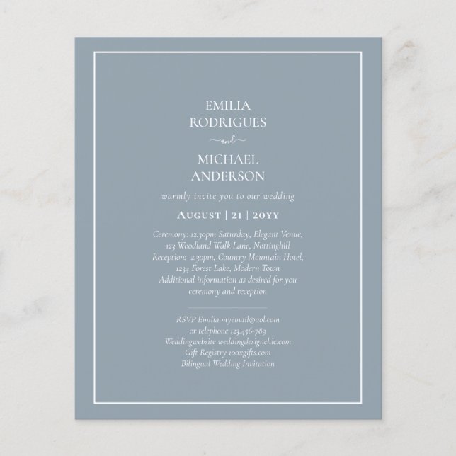Bilingual Budget Dusty Blue Monochrome Wedding Flyer (Front)