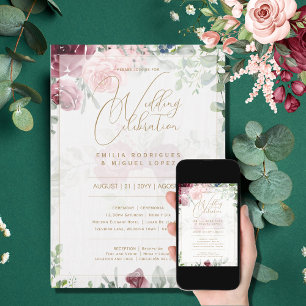 Bilingual Burgundy Floral Gold Wedding Boda Roses Invitation