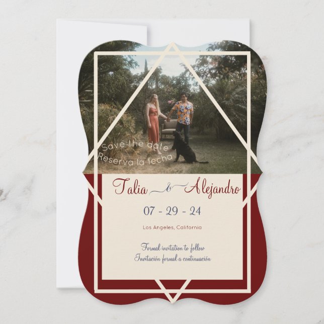 Bilingual Burgundy Wedding Save the Date (Front)