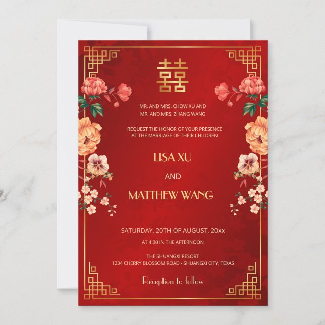  BILINGUAL Gold Frame Red Chinese Wedding Invitation (Front)