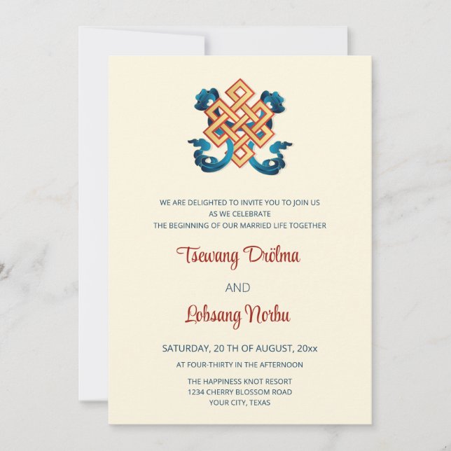 BILINGUAL Knot Of Happiness | Tibetan Wedding  Invitation (Front)