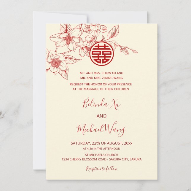 BILINGUAL | Magnolia Cream Chinese Wedding Invitation (Front)