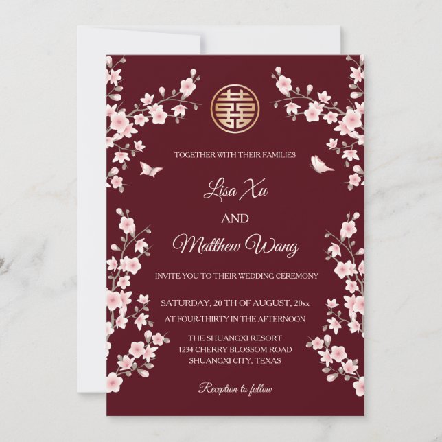 BILINGUAL | Maroon  Cherry Blossom Chinese Wedding Invitation (Front)