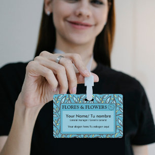 Bilingual Name with Blue Turquoise Leaves Pattern ID Badge