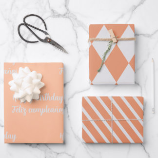 Bilingual Peach Feliz Cumpleaños -Happy Birthday Wrapping Paper Sheet