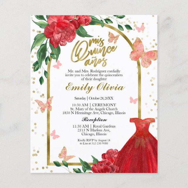 Bilingual Quinceanera Butterflys Budget Invitation (Front)