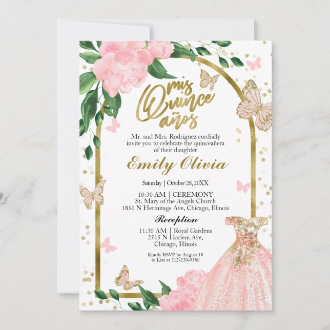 Bilingual Quinceanera Butterflys Pink Blush Gown Invitation (Front)