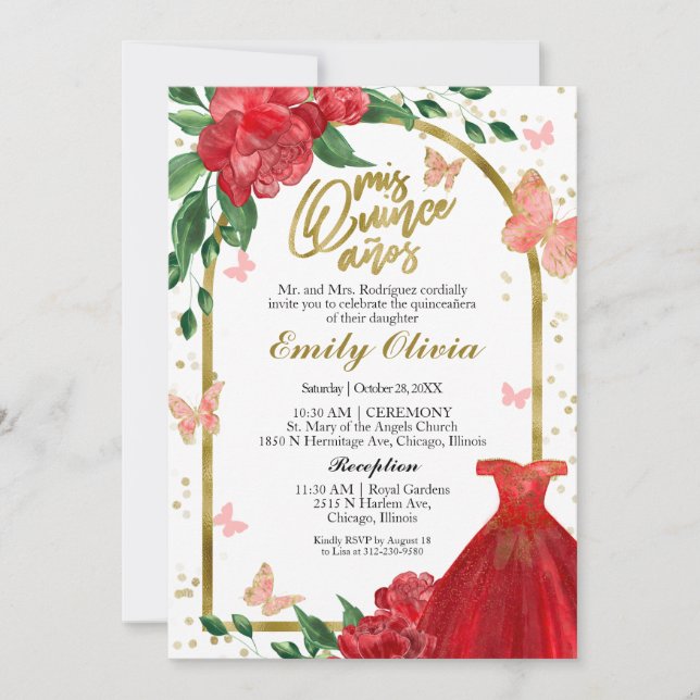 Bilingual Quinceanera Butterflys Red Gown Invitation (Front)