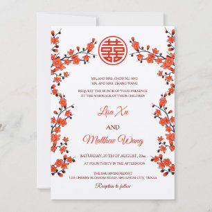 BILINGUAL Red Cherry Blossom Chinese Wedding Invitation