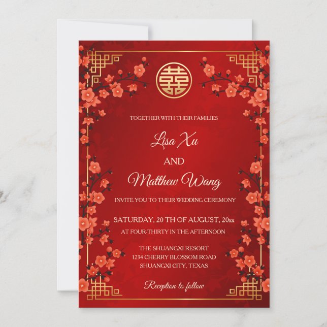 BILINGUAL Red Cherry Blossom | Chinese Wedding Invitation (Front)