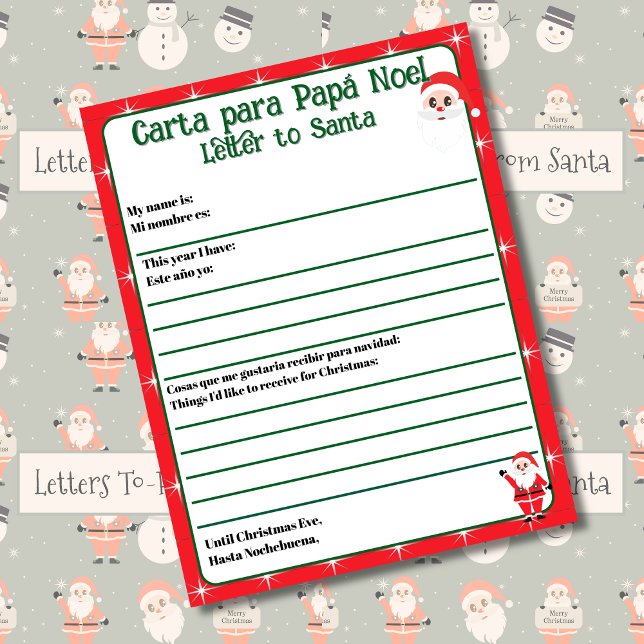 Bilingual Red Editable Letter to Santa Spanish (Bilingual red letter to Santa, custom name & text, personalized. Multilingual Project)