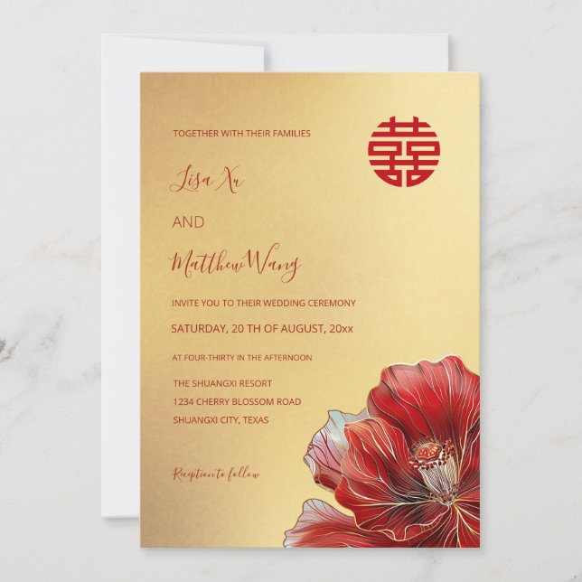 Bilingual Red Flower | Chinese Wedding  Invitation (Front)