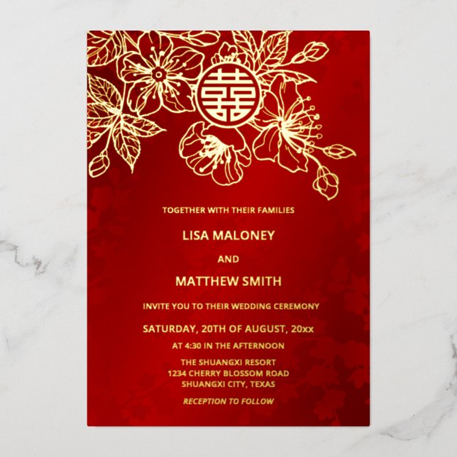 BILINGUAL Red Gold Floral Chinese Wedding (Front)