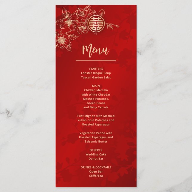 BILINGUAL Red Gold Magnolia Chinese Wedding Menu (Front)