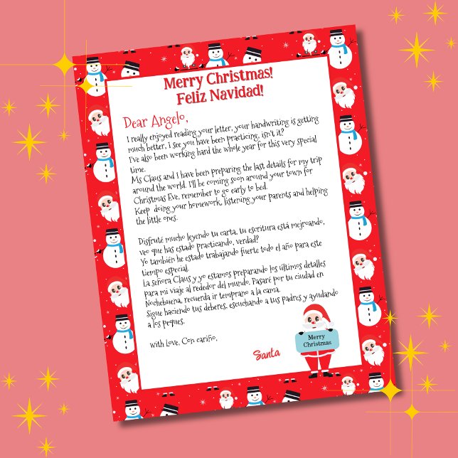 Bilingual Red Santa Letter for Kids Spanish (Red bilingual letter from Santa Christmas, personalized name & Spanish text. Multilingual Project)