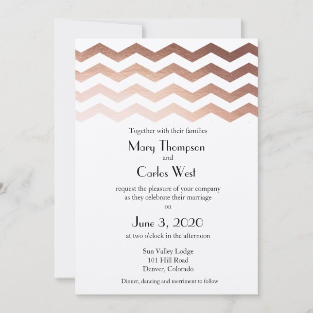 Bilingual Rose Gold Chevron Wedding Invitation (Front)