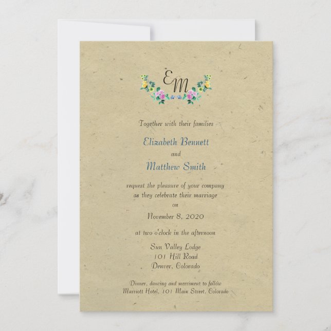 Bilingual Rustic Monogram Flower Wedding Invite (Front)