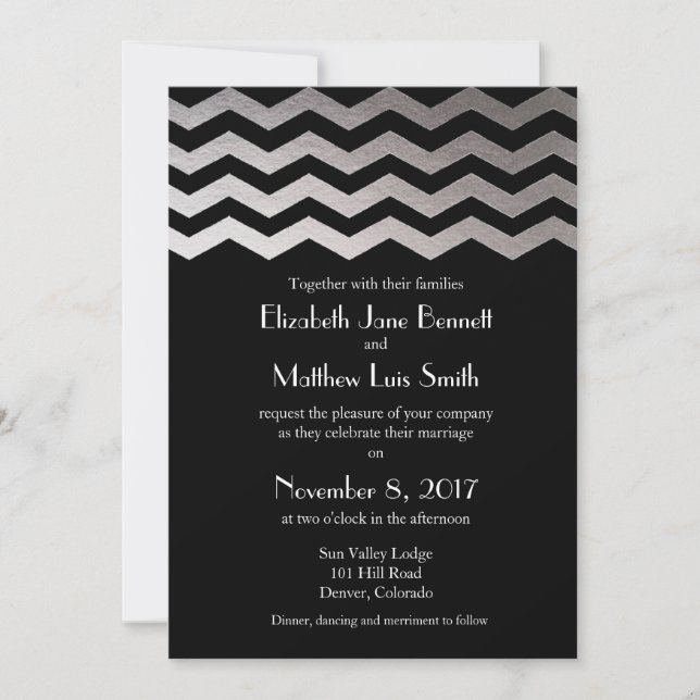 Bilingual Silver Night Chevron Wedding Invitation (Front)