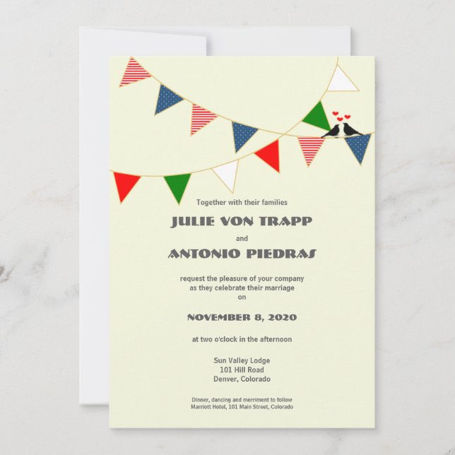 Bilingual US & Mexico Bunting Wedding Invitation (Front)