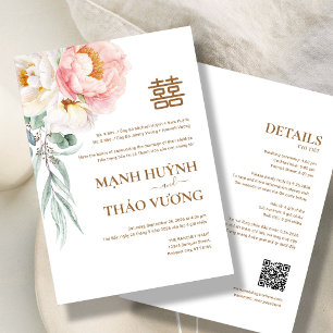 Bilingual Vietnamese Elegant Peony Song Hy Wedding Invitation