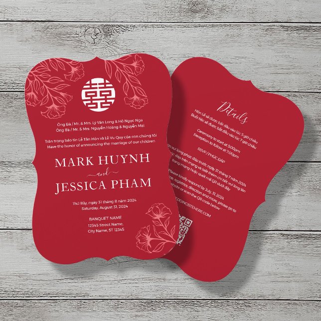 Bilingual Vietnamese English Red Floral Wedding Invitation (Creator Uploaded)
