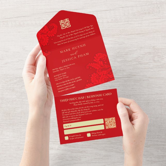 Bilingual Vietnamese English Red Wedding All In On One Invitation (Tearaway)