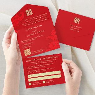 Bilingual Vietnamese English Red Wedding All In One Invitation