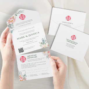 Bilingual Vietnamese Peonies Traditional All In On One Invitation