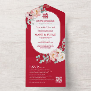 Bilingual Vietnamese Peonies Traditional All In One Invitation